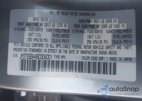 2011 Mazda Cx-9 Sport z USA, uszkodzony, nr VIN JM3TB2BA4B0304001